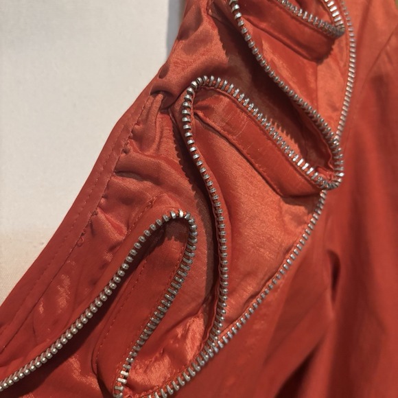 Jerry T Orange Satin Ruffle Zip Collar Belted Blazer Jacket Women's Size Large - Picture 4 of 7